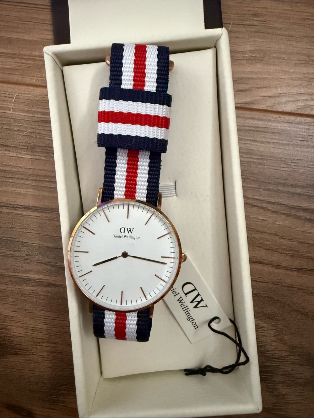 Daniel Wellington White Dial Watch with Navy, Red & White Strap